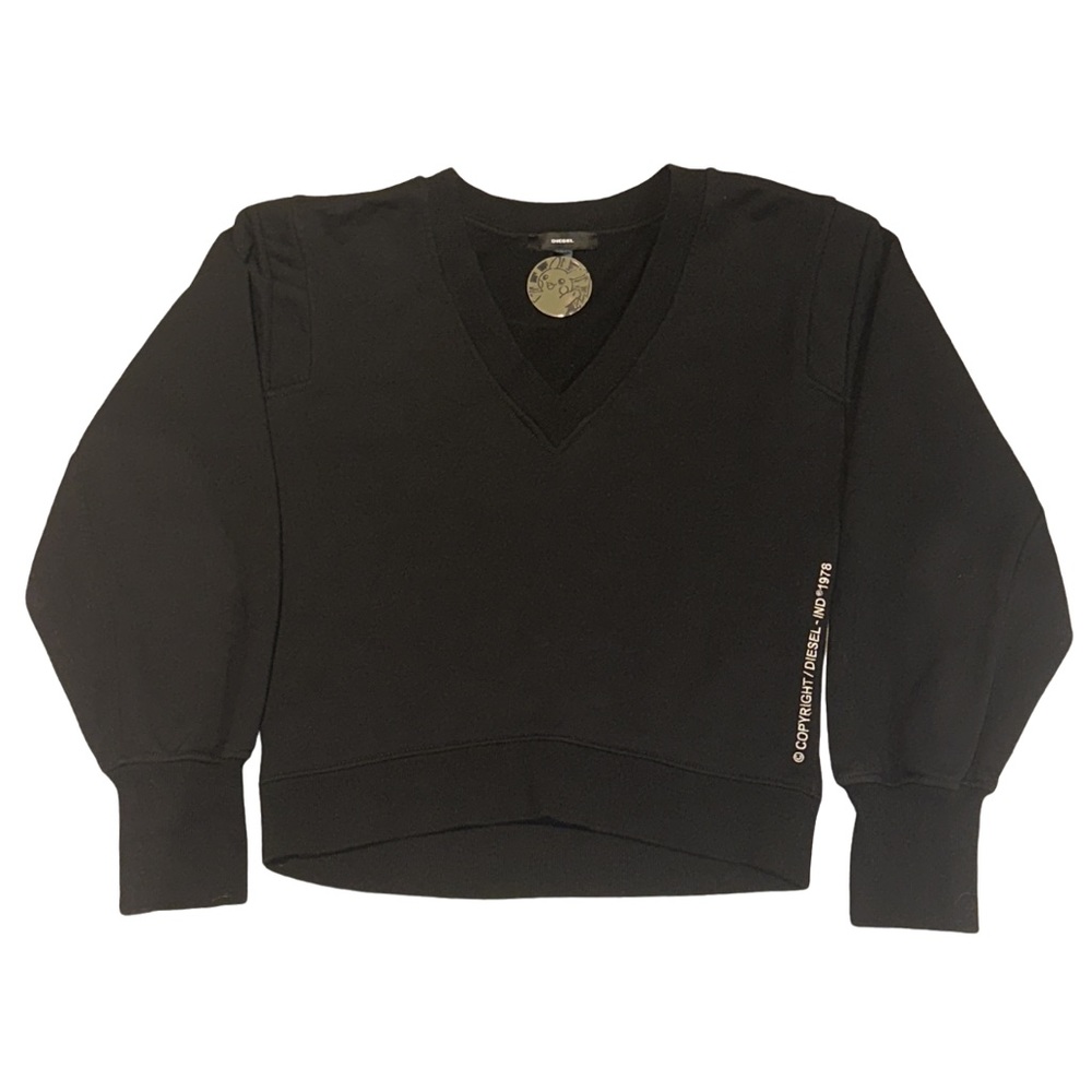 DIESEL women's black v-neck crewneck sweater, copyright design, size small.